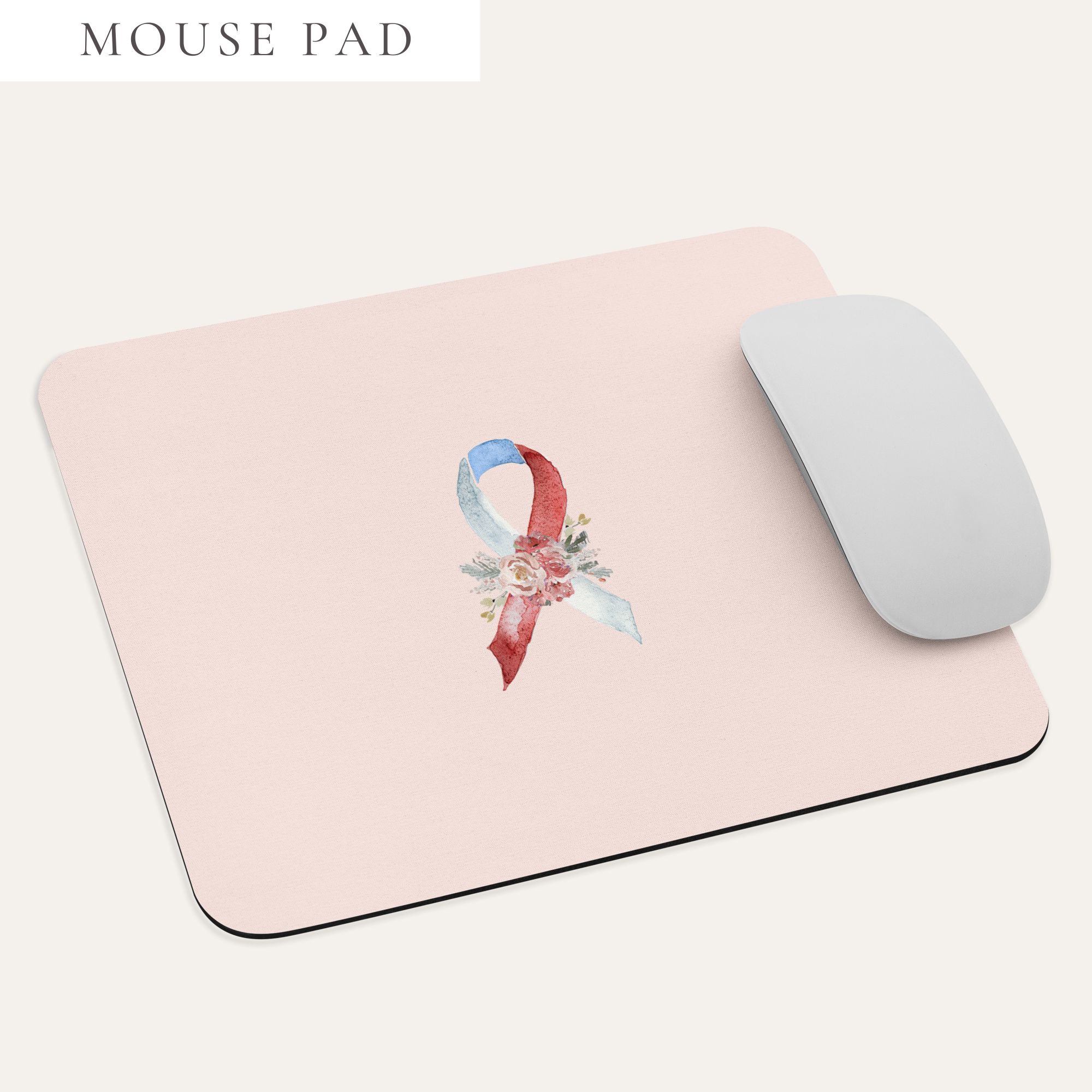 Pastel Floral White, Red & Blue Awareness Ribbon Mouse Pad In Pink