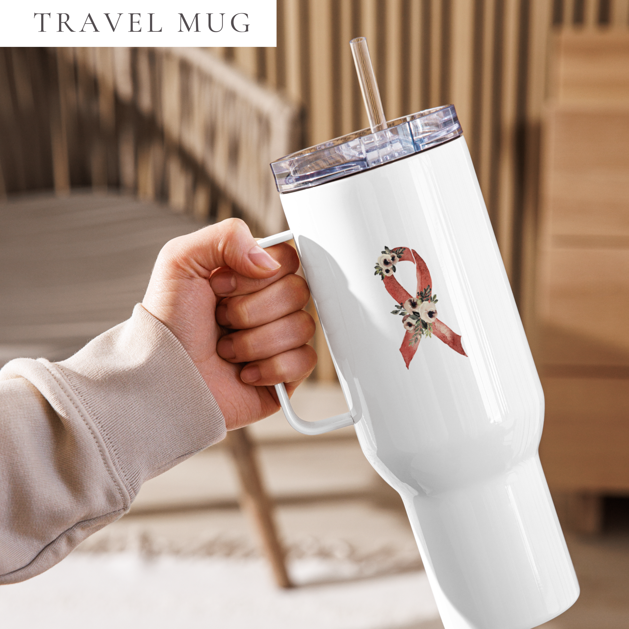 Pastel Floral Burgundy Awareness Ribbon Travel Mug With A Handle