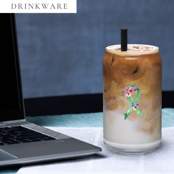 Pastel Floral Green Awareness Ribbon Glass Can W/ Lid