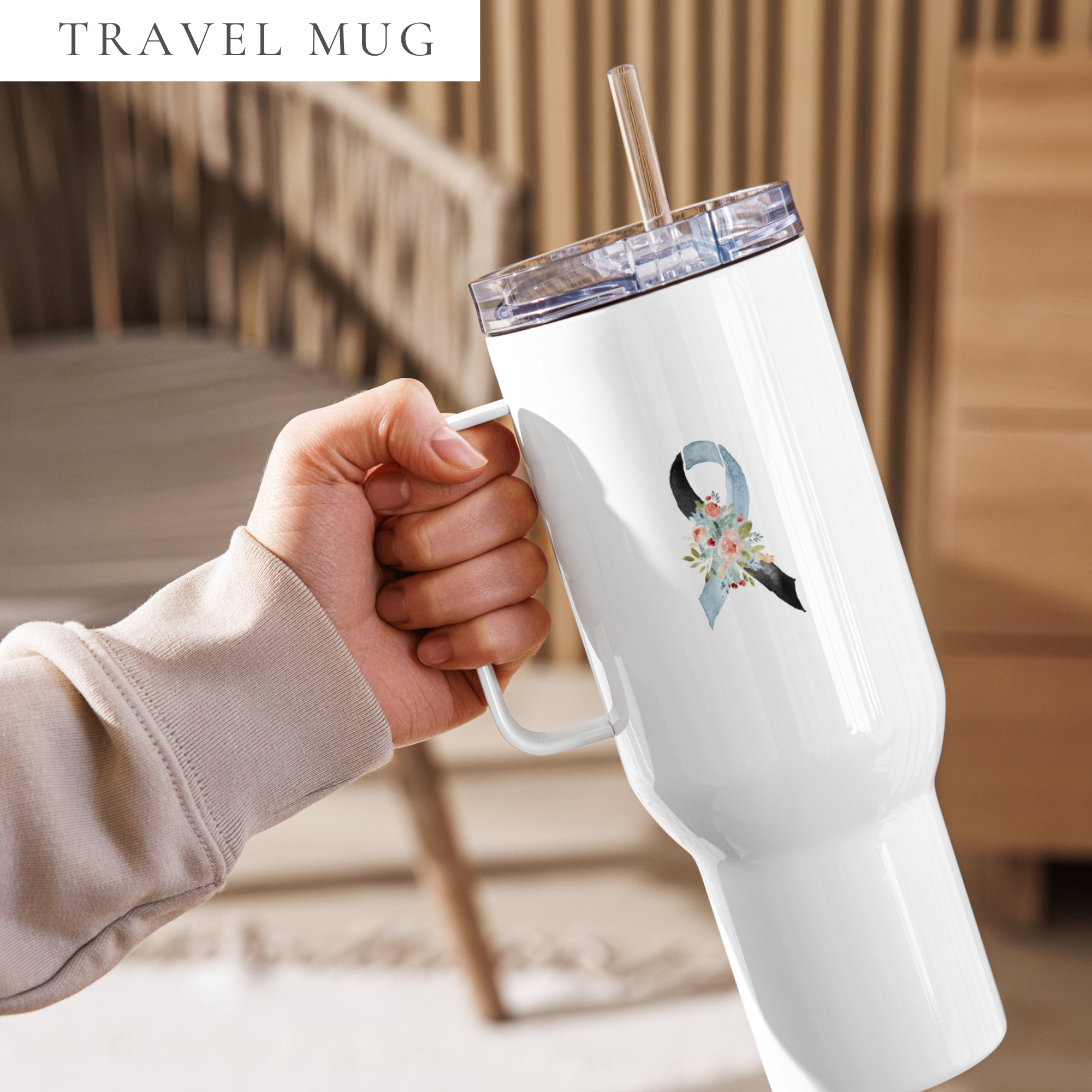 Pastel Floral Light Blue & Black Awareness Ribbon Travel Mug With A Handle