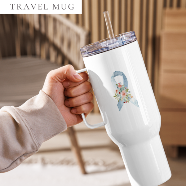 Pastel Floral Light Blue & Gray Awareness Ribbon Travel Mug With A Handle