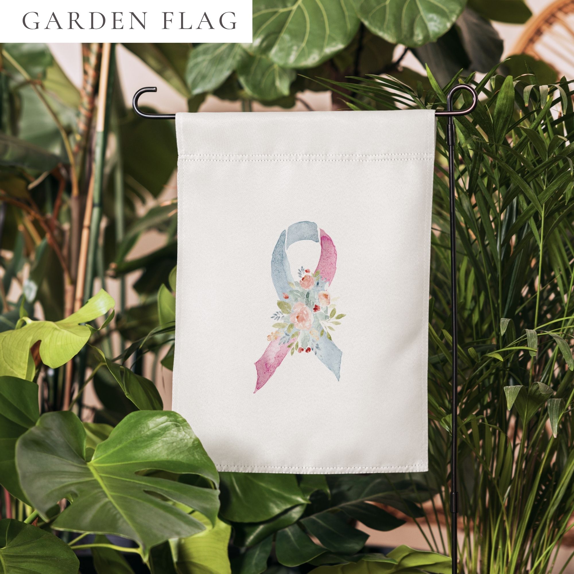 Pastel Floral Pink & Light Blue Awareness Ribbon Garden Flag - Image 2
