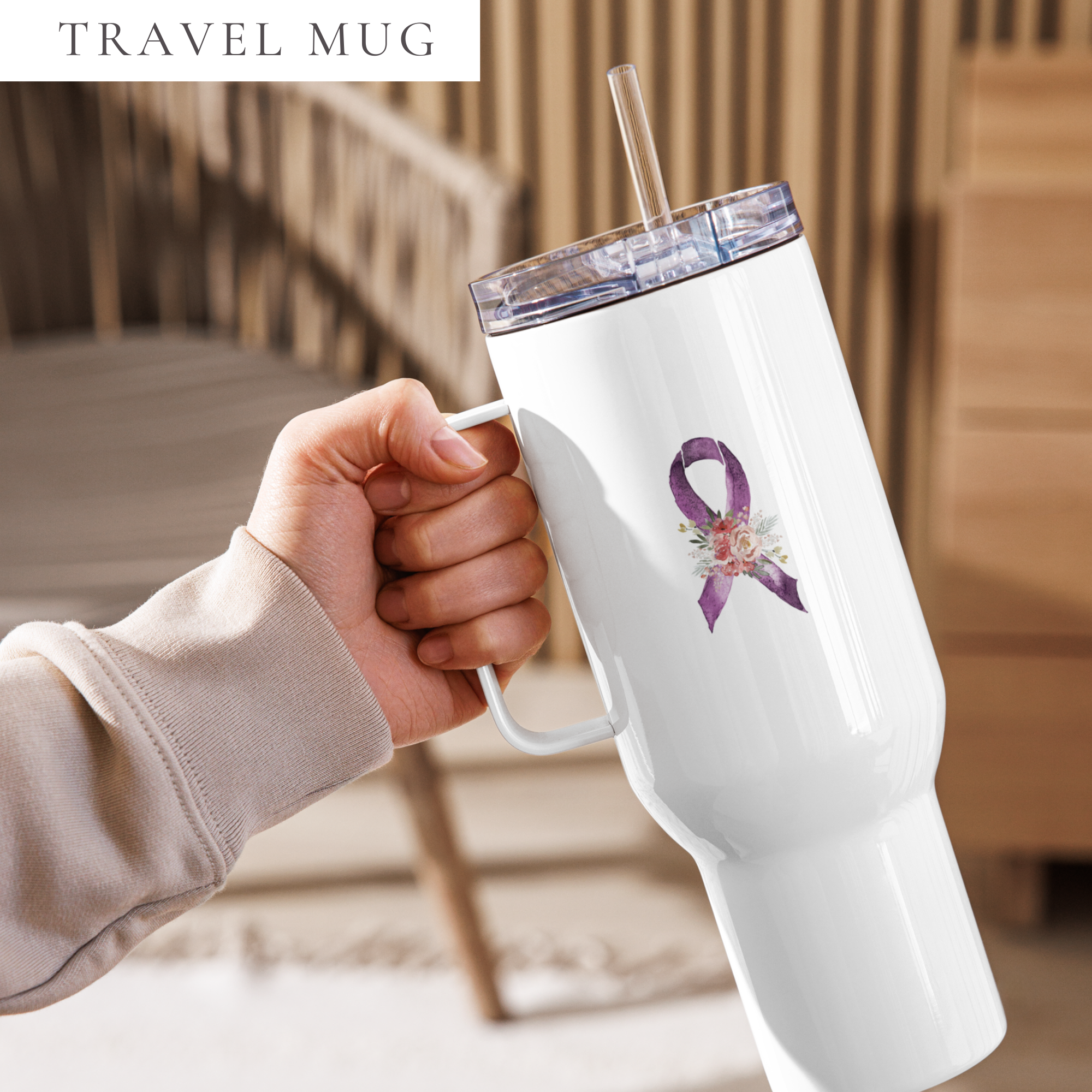 Pastel Floral Purple Awareness Ribbon Travel Mug With A Handle