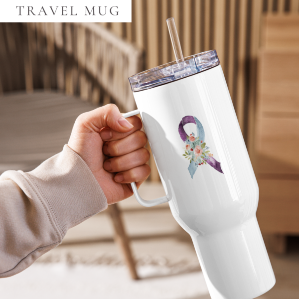 Pastel Floral Purple & Light Blue Awareness Ribbon Travel Mug With A Handle