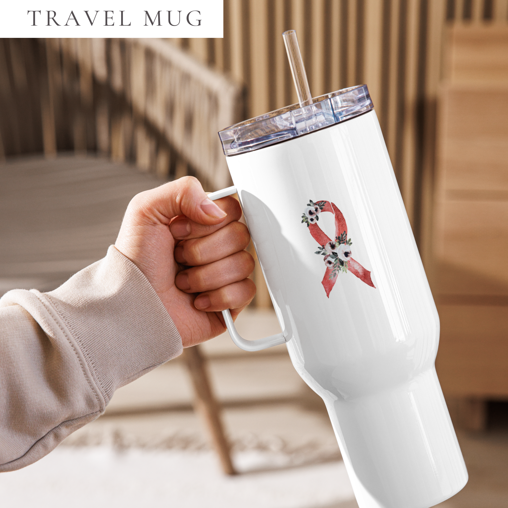 Pastel Floral Red Awareness Ribbon Travel Mug With A Handle