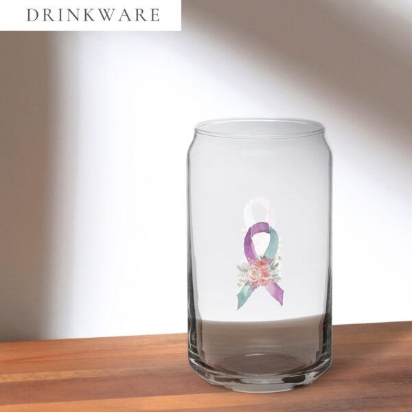 Pastel Floral Teal & Purple Awareness Ribbon Glass Can W/ Lid