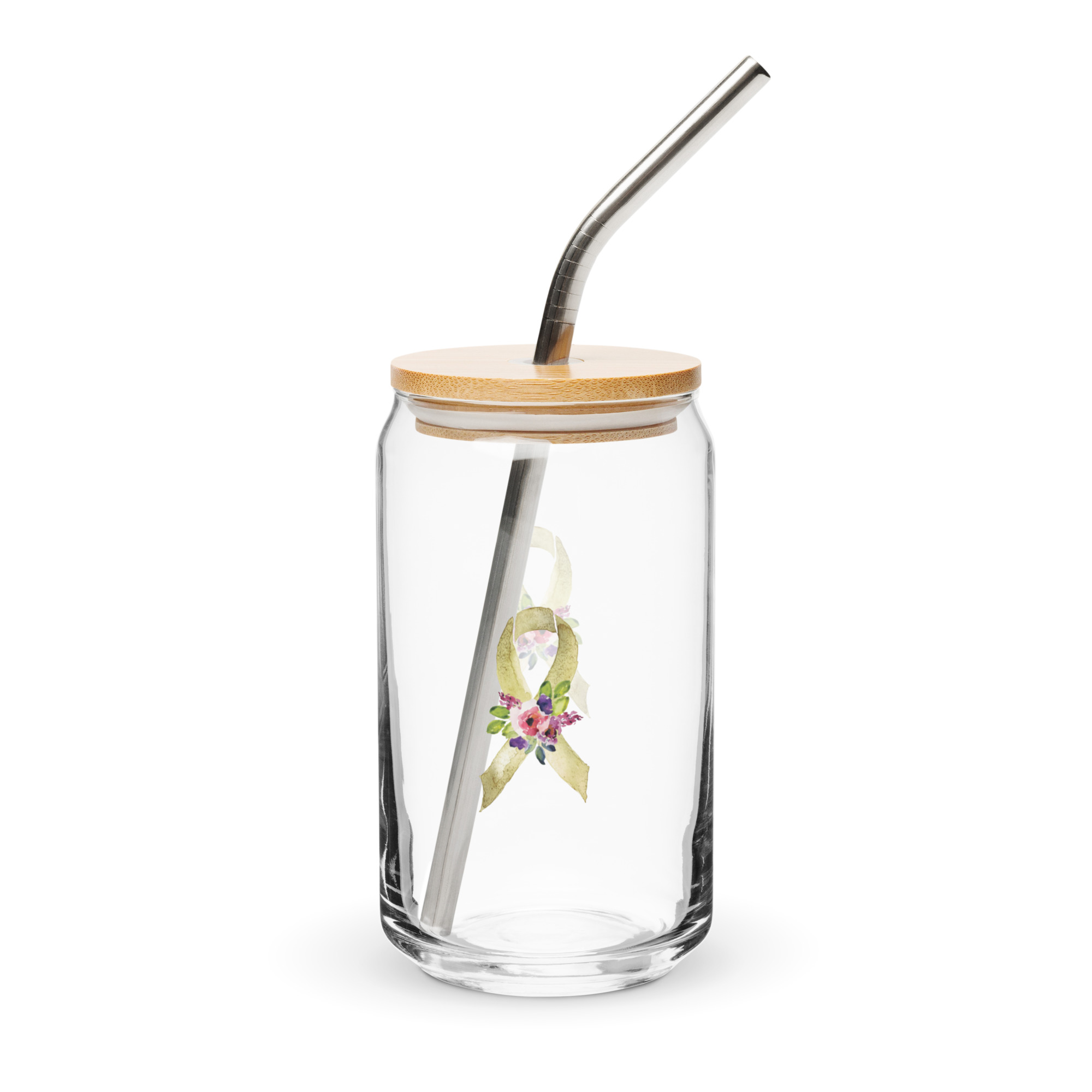 Pastel Floral Gold Awareness Ribbon Glass Can W/ Lid - Image 4