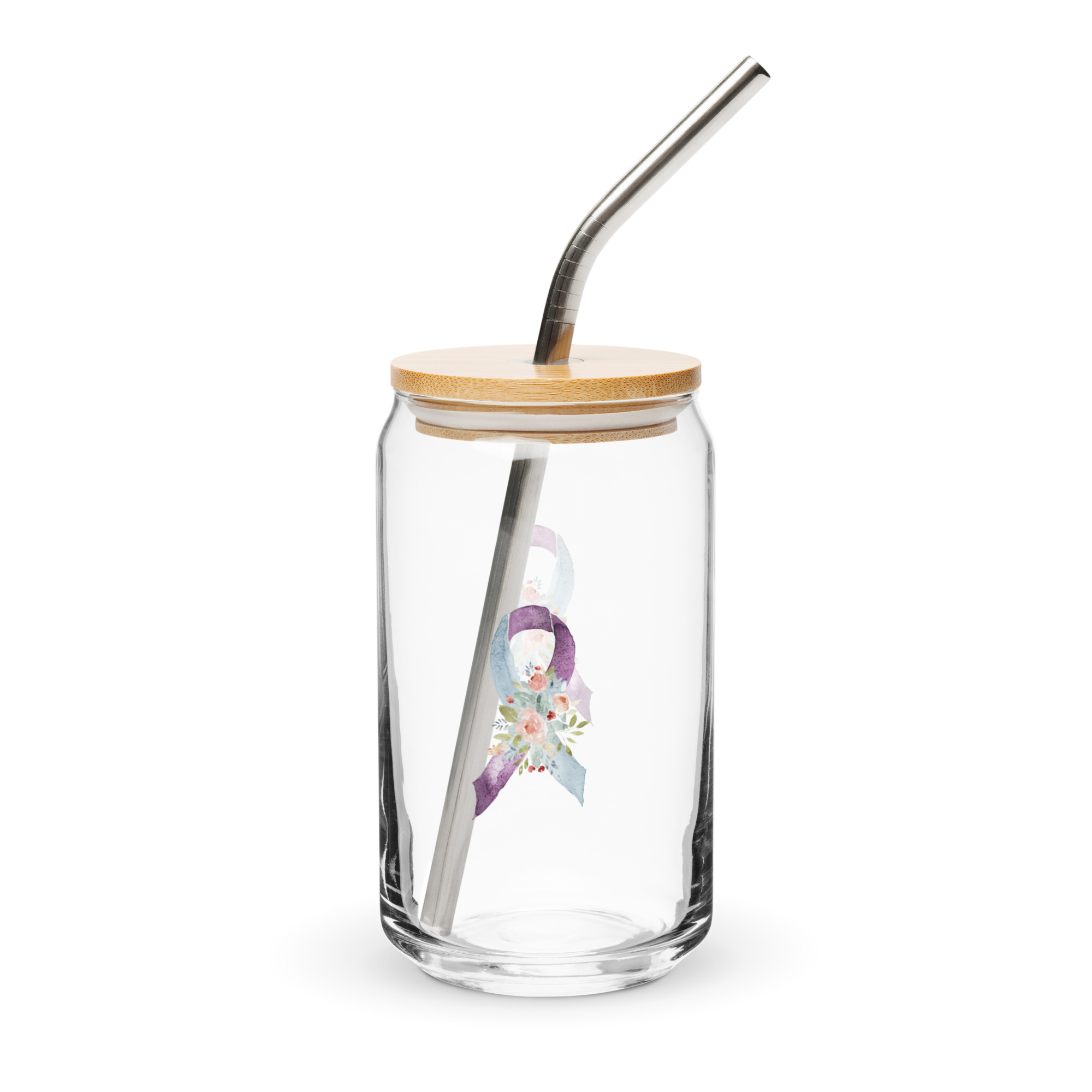 Pastel Floral Purple & Light Blue Awareness Ribbon Glass Can W/ Lid - Image 4