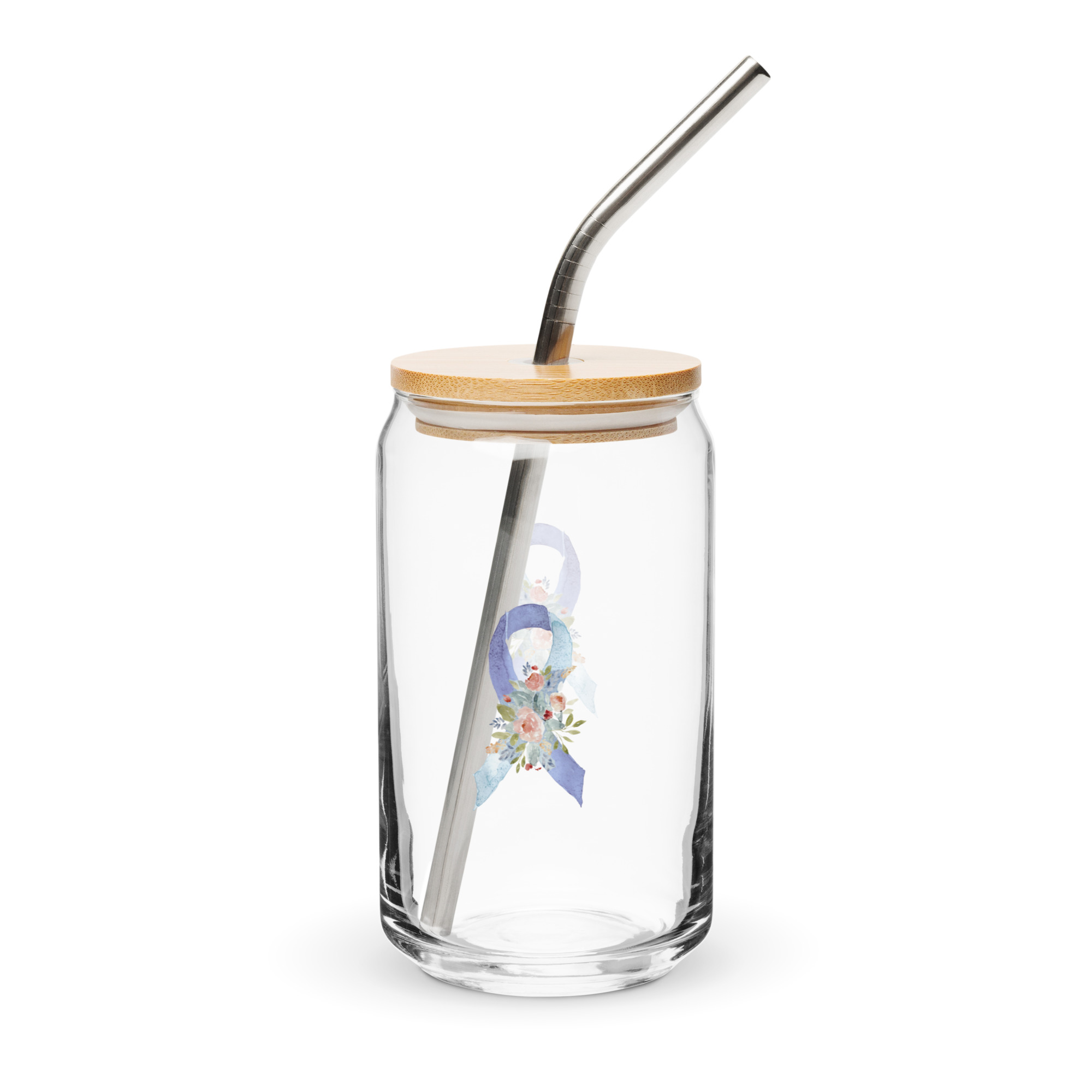 Pastel Floral Light Blue & Blue Awareness Ribbon Glass Can W/ Lid - Image 4