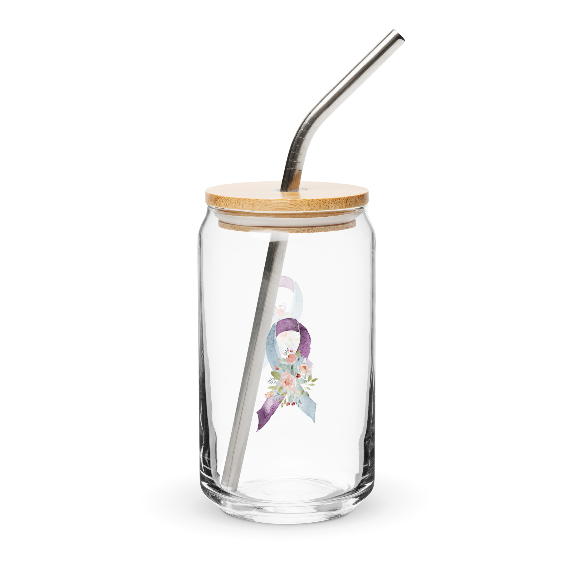 Pastel Floral Purple & Light Blue Awareness Ribbon Glass Can W/ Lid - Image 5