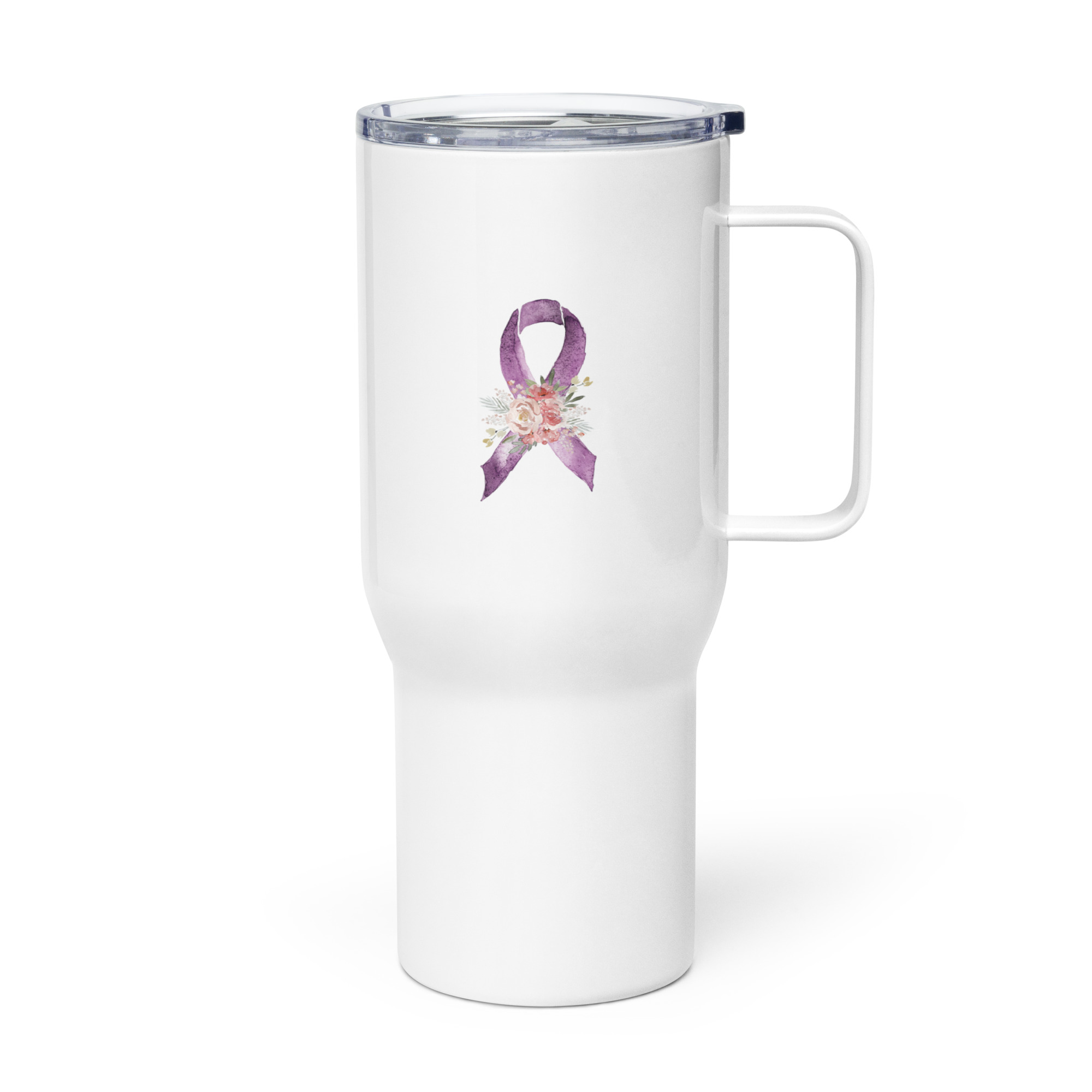 Pastel Floral Purple Awareness Ribbon Travel Mug With A Handle - Image 3