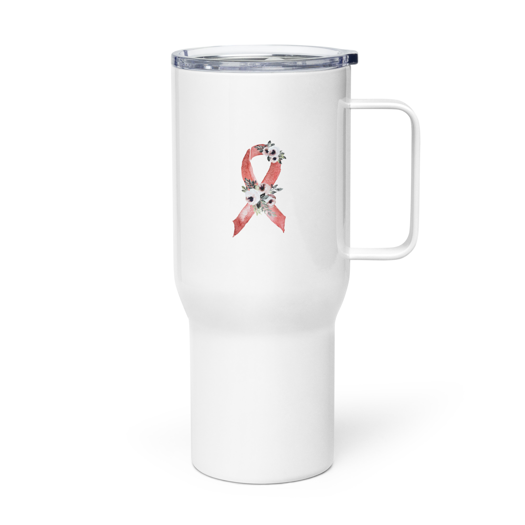 Pastel Floral Red Awareness Ribbon Travel Mug With A Handle - Image 3