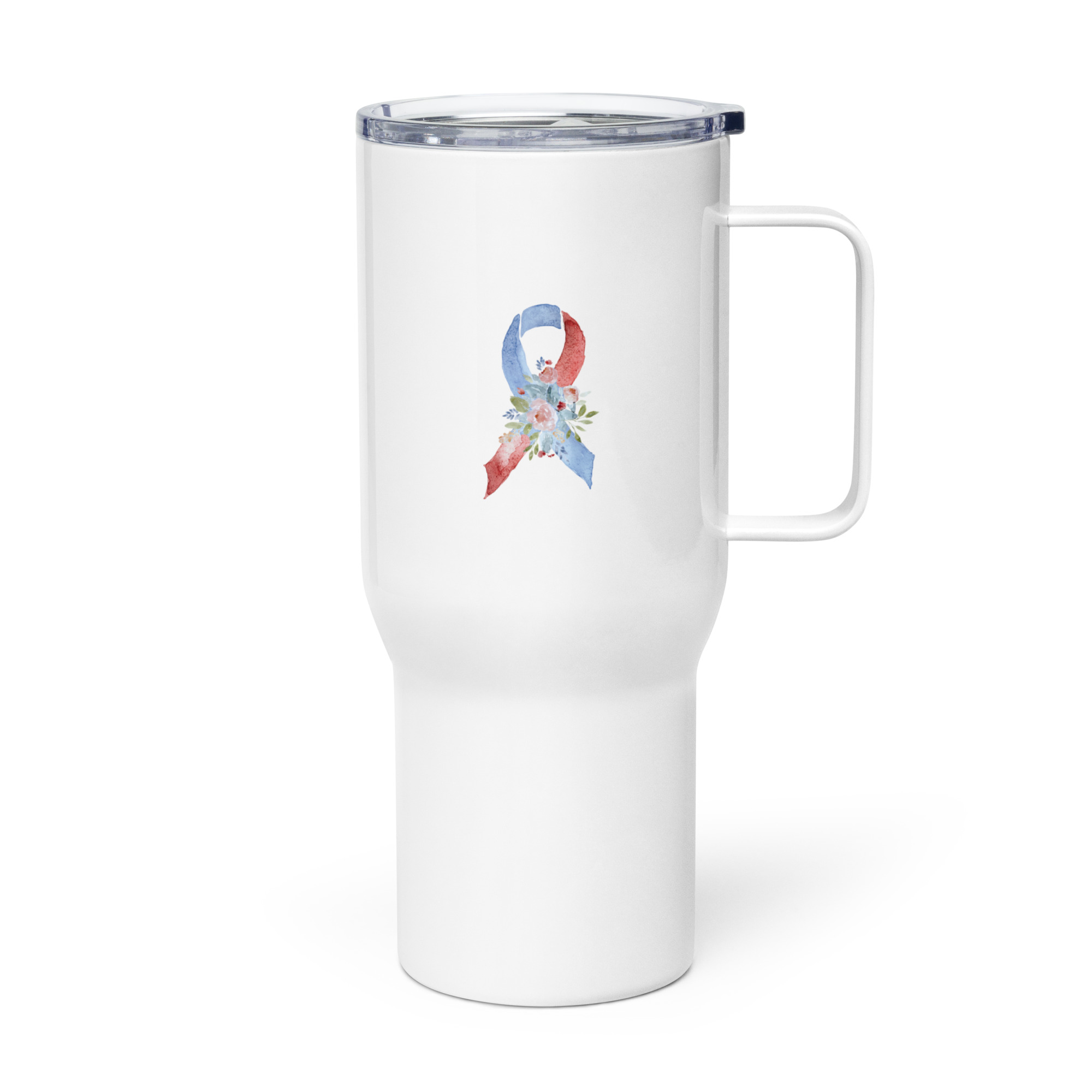 Pastel Floral Red & Blue Awareness Ribbon Travel Mug With A Handle - Image 3