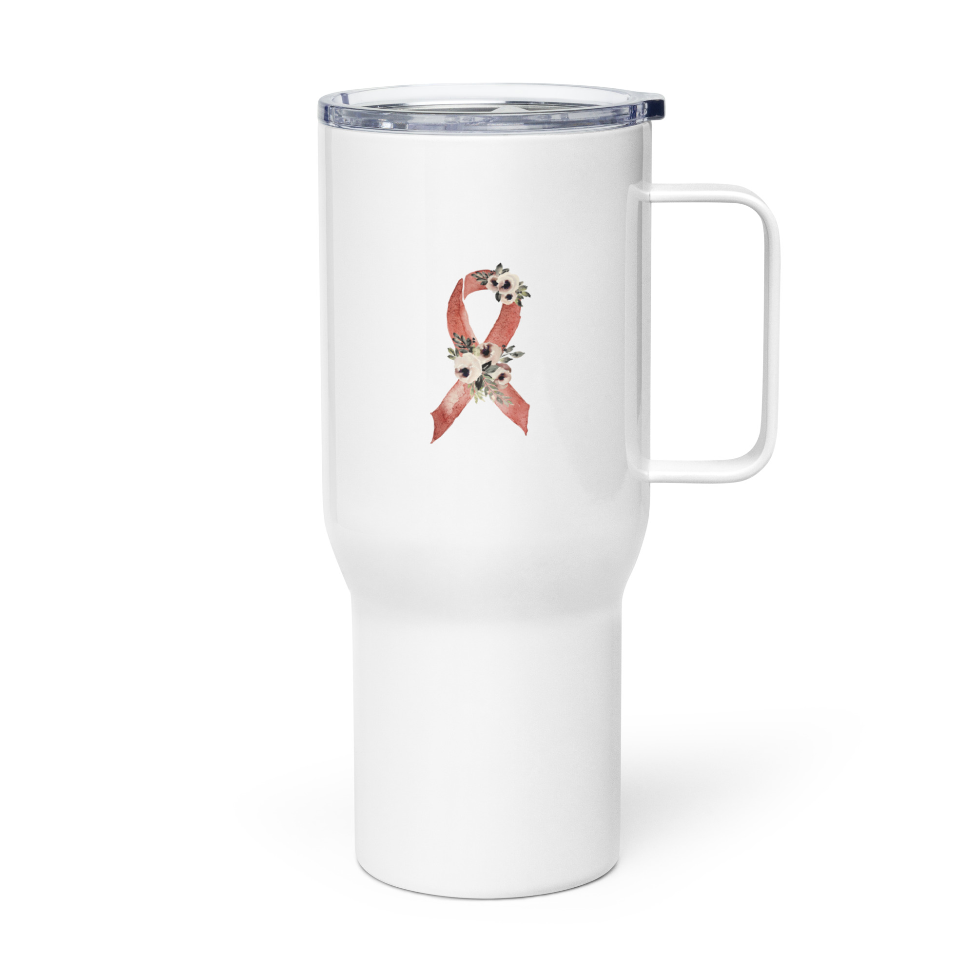 Pastel Floral Burgundy Awareness Ribbon Travel Mug With A Handle - Image 3