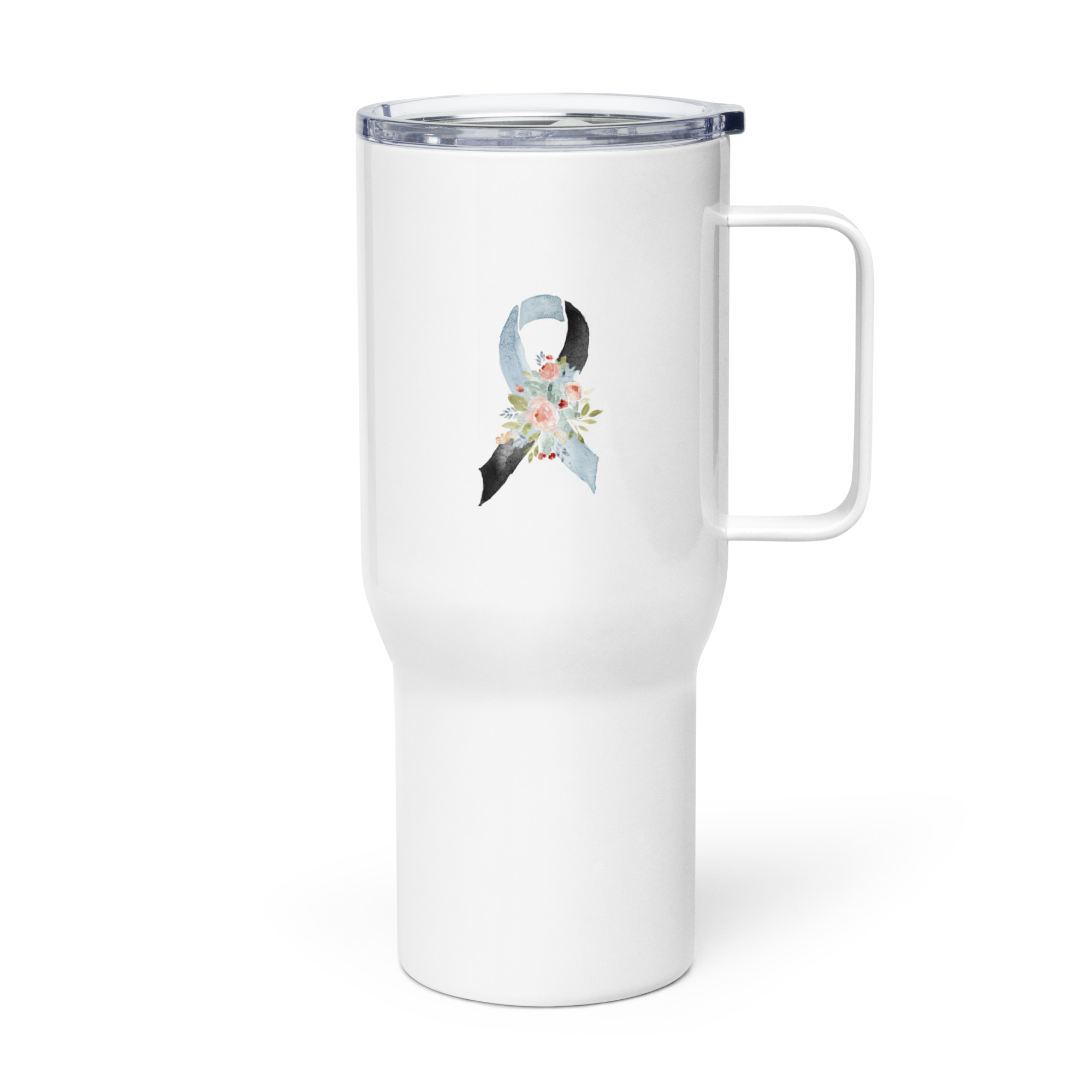Pastel Floral Light Blue & Black Awareness Ribbon Travel Mug With A Handle - Image 3