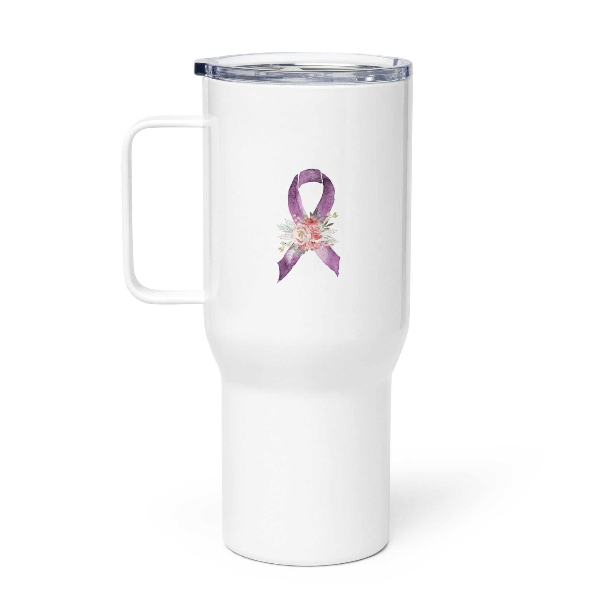 Pastel Floral Purple Awareness Ribbon Travel Mug With A Handle - Image 2