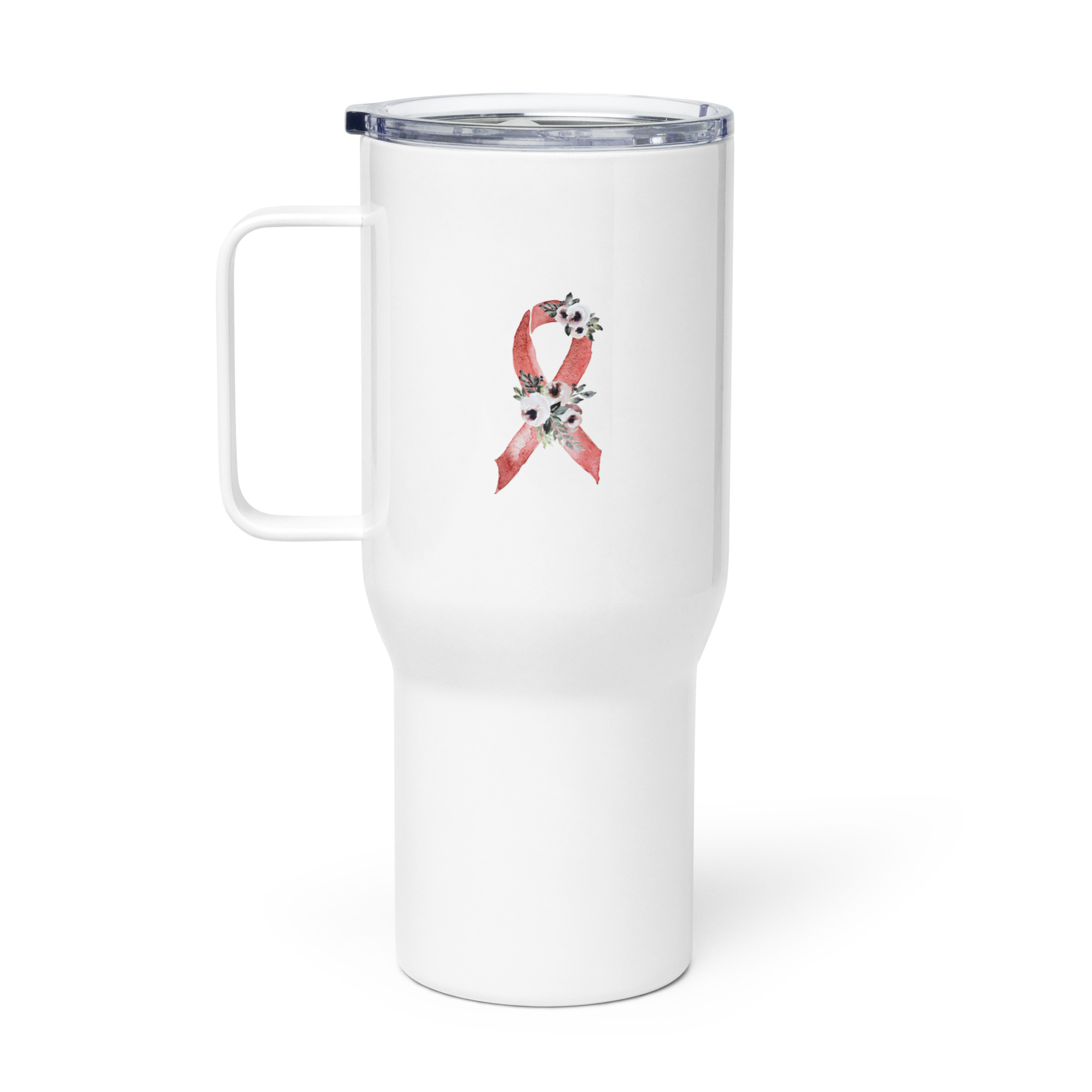 Pastel Floral Red Awareness Ribbon Travel Mug With A Handle - Image 2