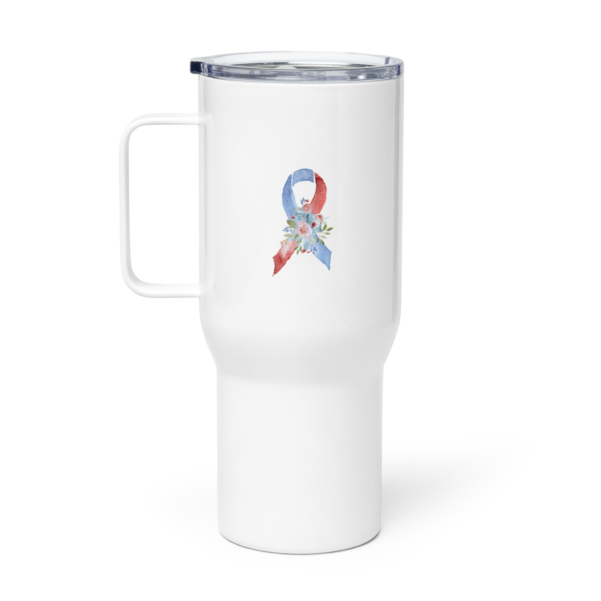 Pastel Floral Red & Blue Awareness Ribbon Travel Mug With A Handle - Image 2
