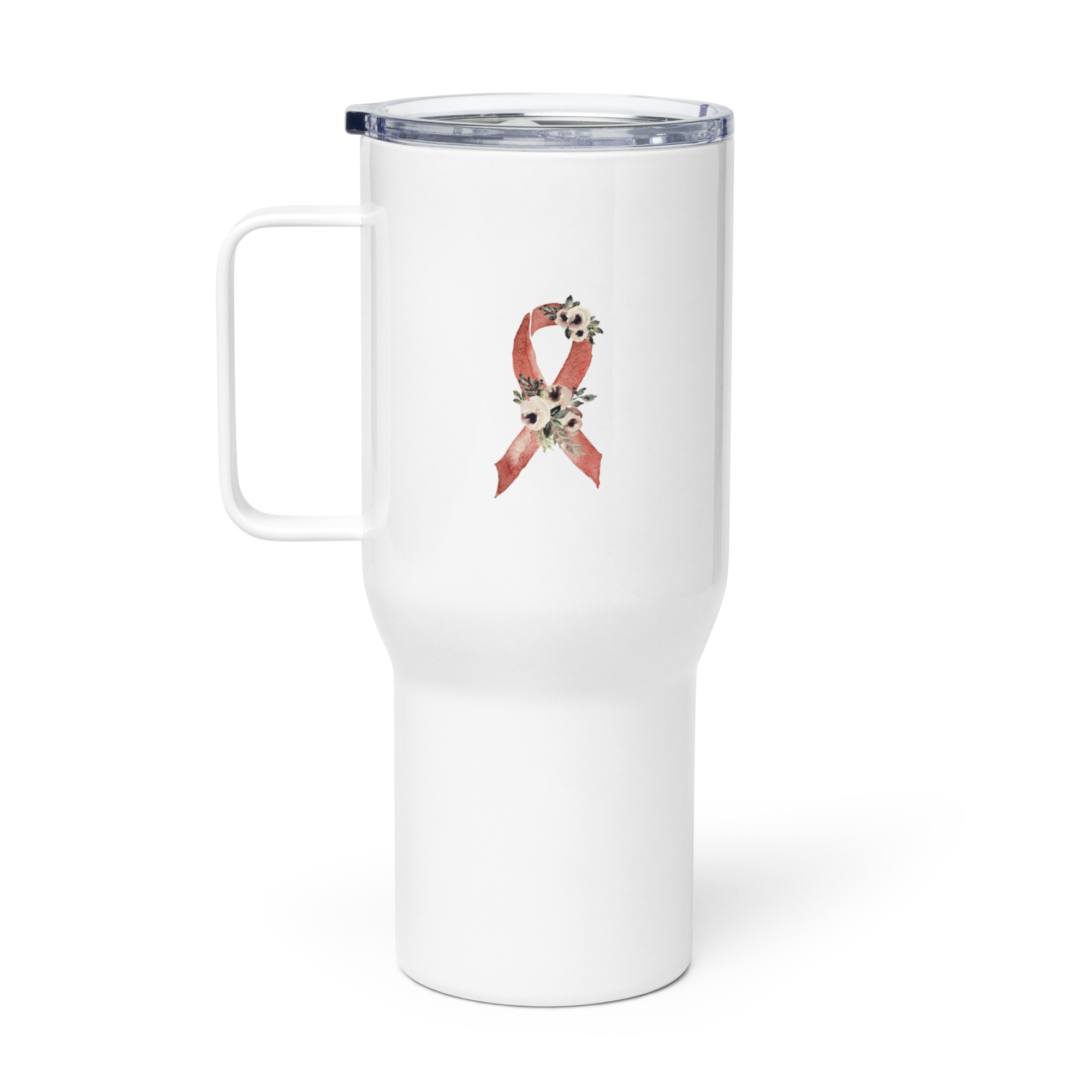 Pastel Floral Burgundy Awareness Ribbon Travel Mug With A Handle - Image 2