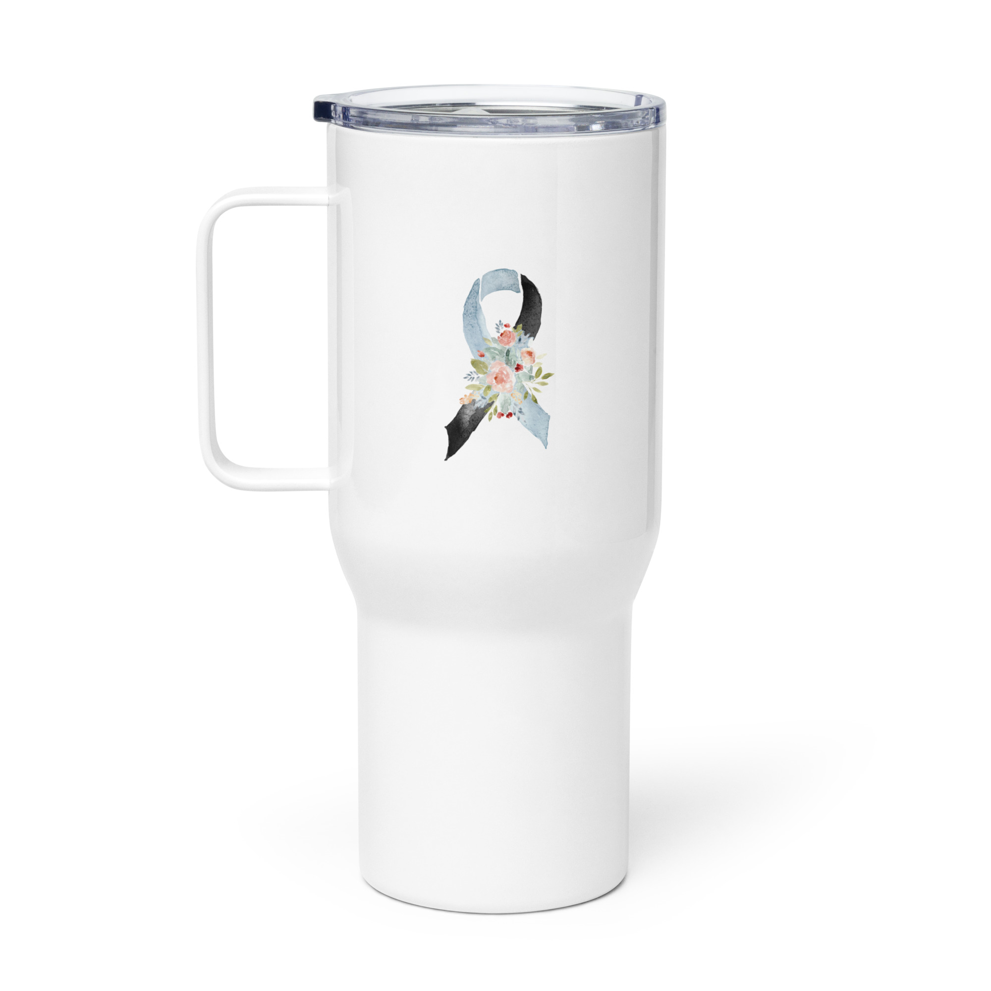 Pastel Floral Light Blue & Black Awareness Ribbon Travel Mug With A Handle - Image 2