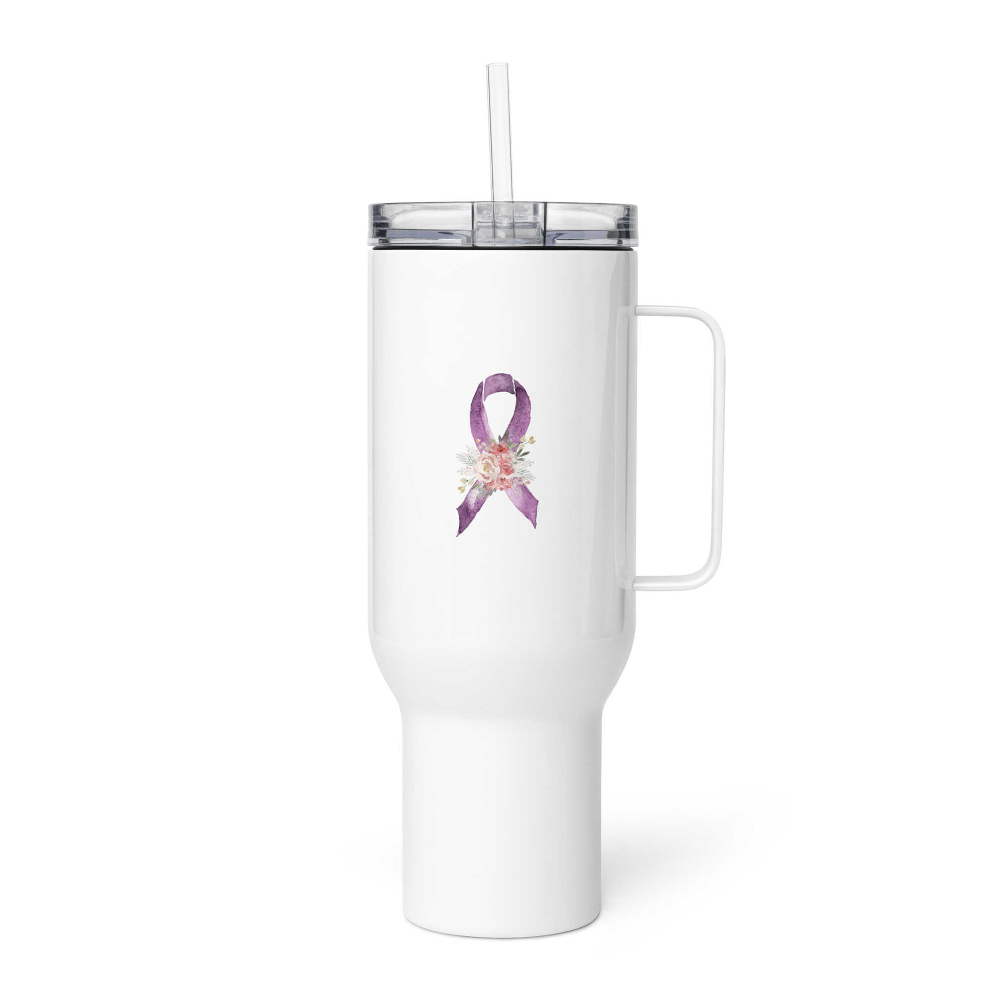 Pastel Floral Purple Awareness Ribbon Travel Mug With A Handle - Image 5
