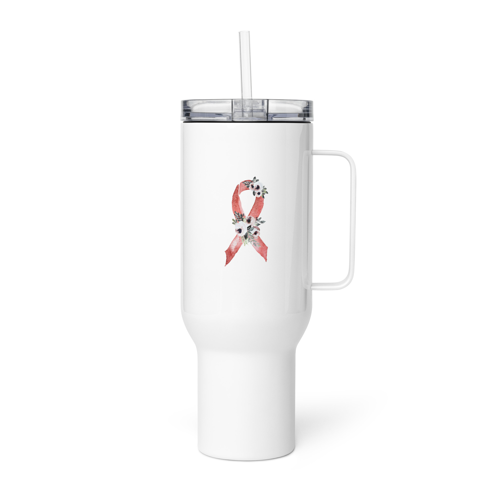 Pastel Floral Red Awareness Ribbon Travel Mug With A Handle - Image 5