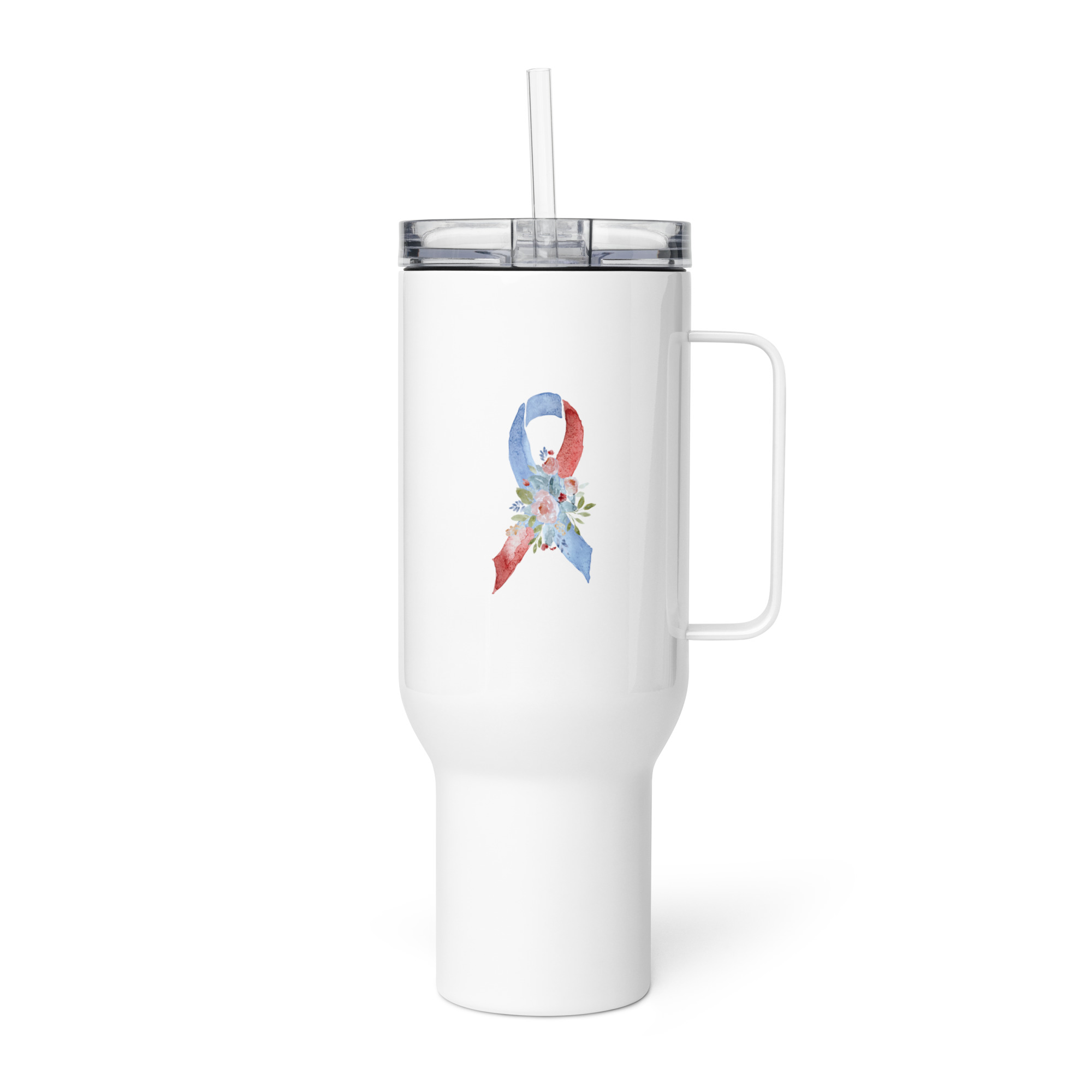 Pastel Floral Red & Blue Awareness Ribbon Travel Mug With A Handle - Image 5