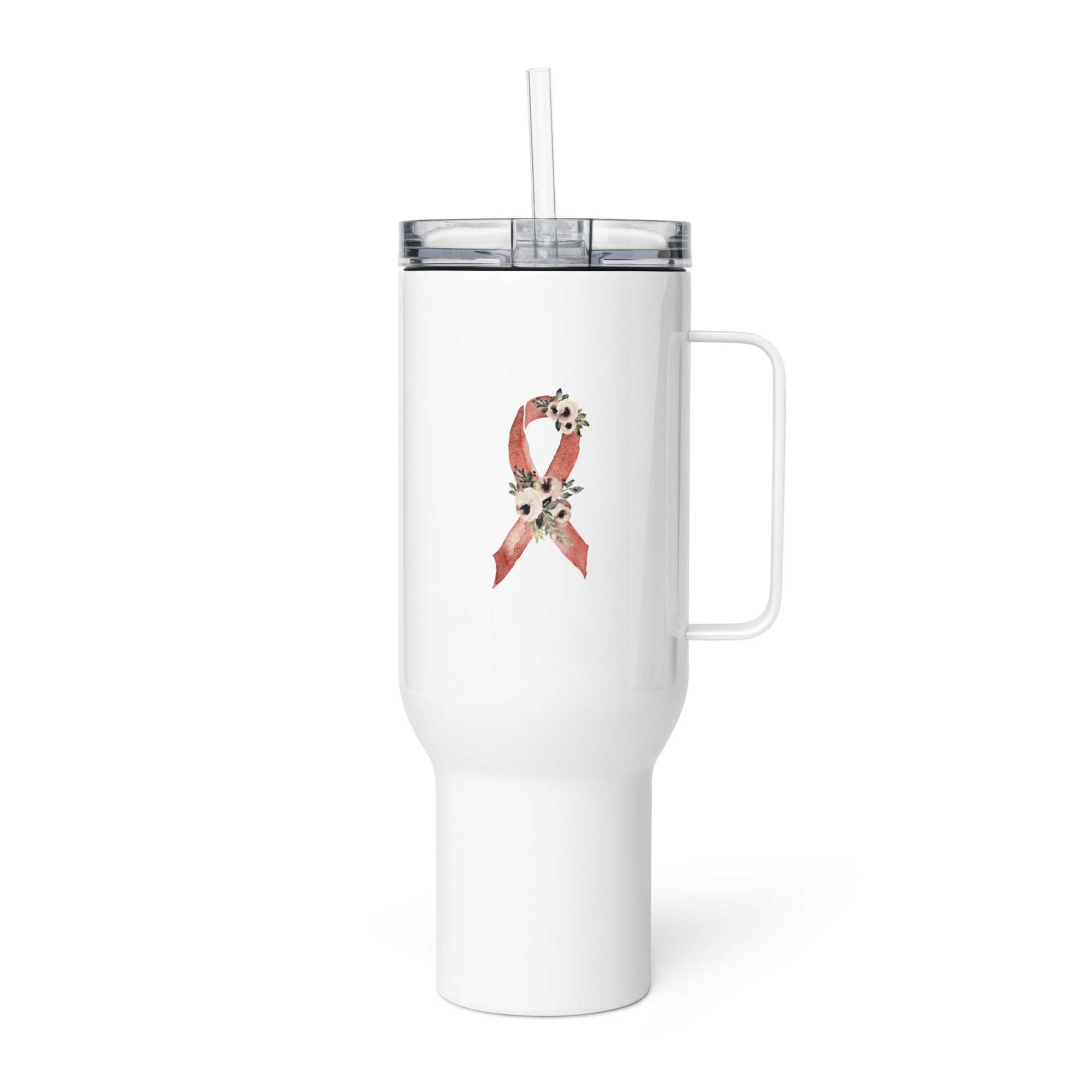 Pastel Floral Burgundy Awareness Ribbon Travel Mug With A Handle - Image 5