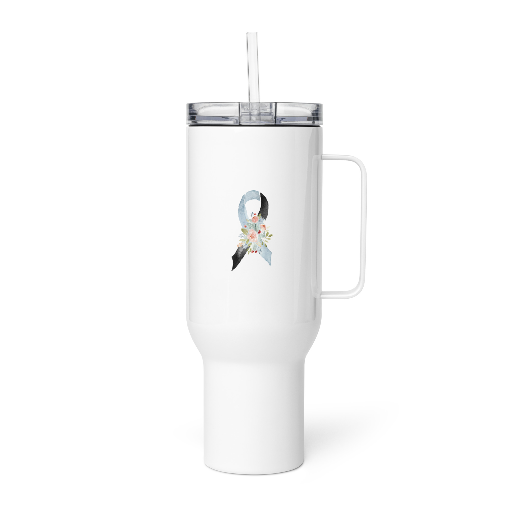 Pastel Floral Light Blue & Black Awareness Ribbon Travel Mug With A Handle - Image 5