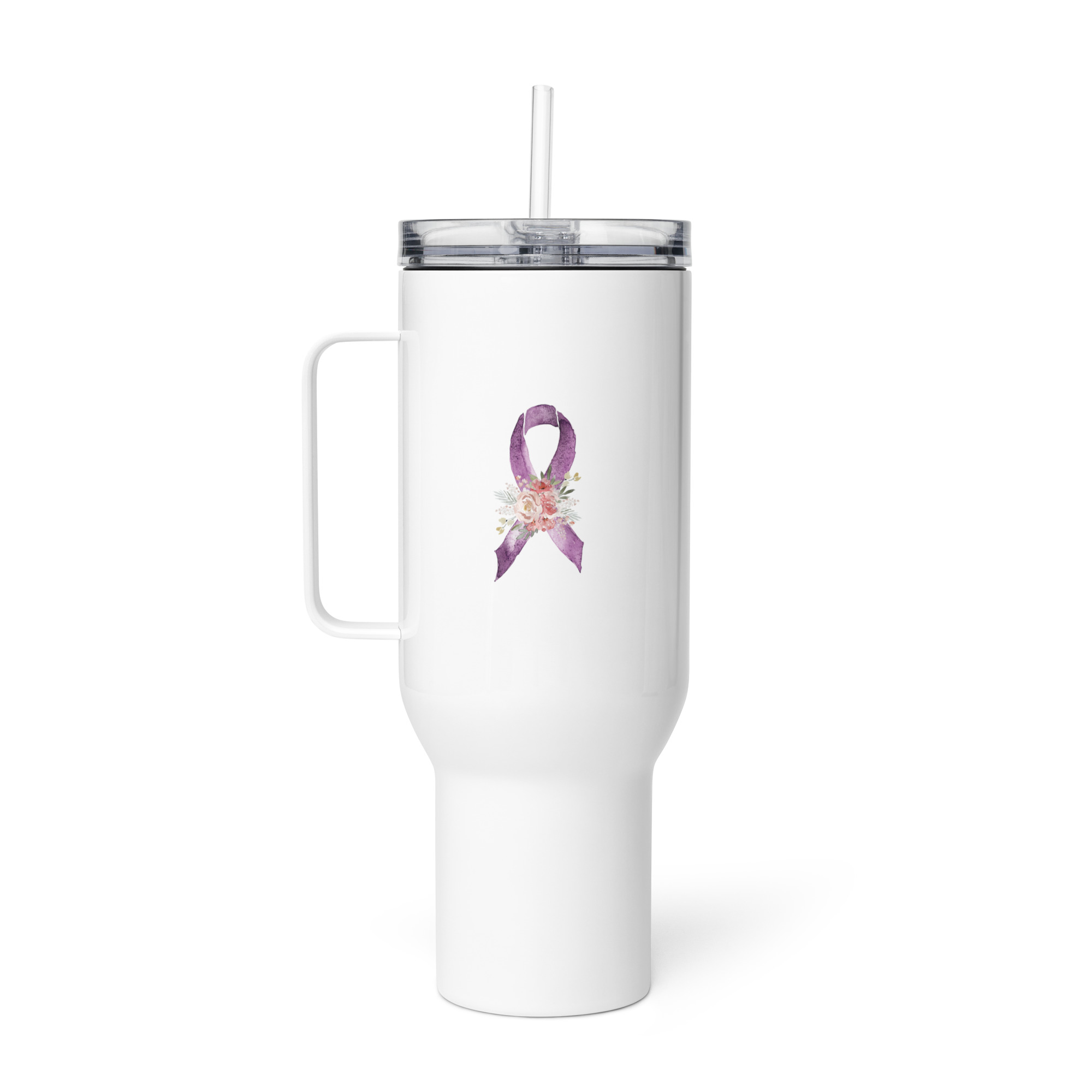 Pastel Floral Purple Awareness Ribbon Travel Mug With A Handle - Image 6