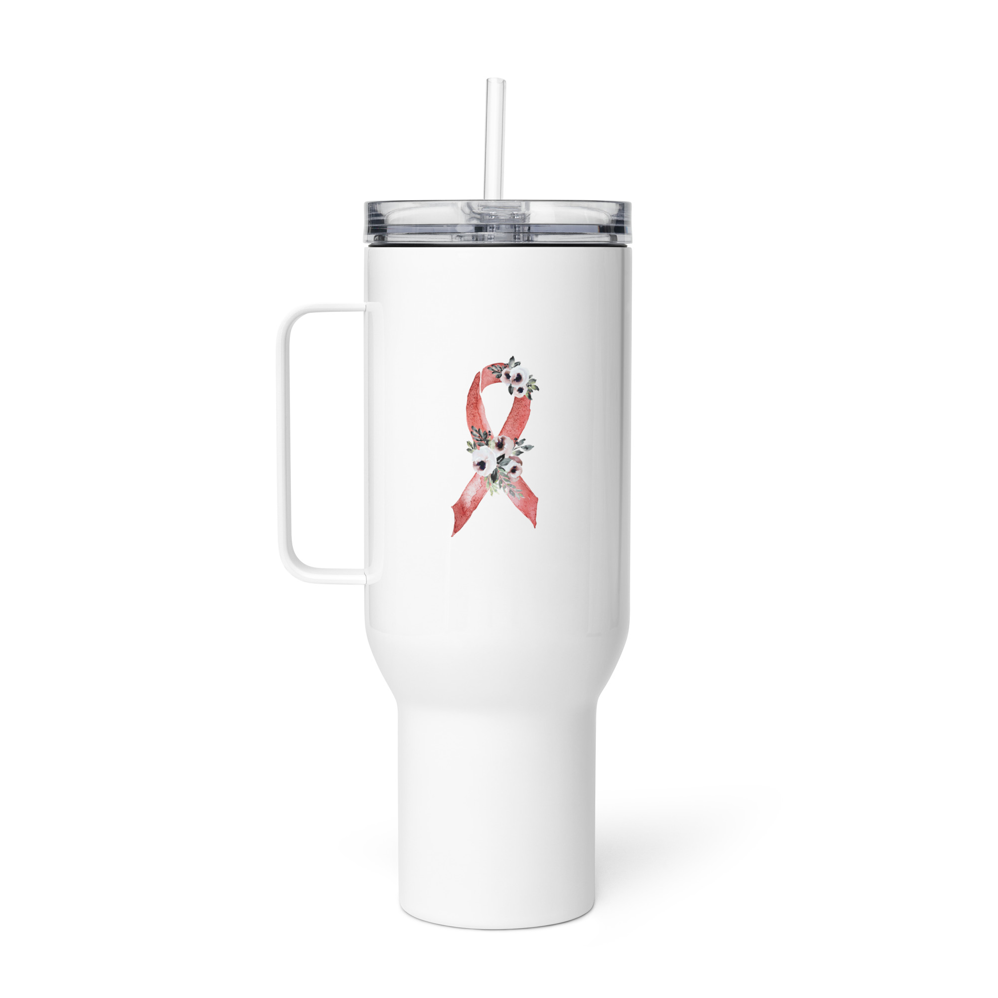 Pastel Floral Red Awareness Ribbon Travel Mug With A Handle - Image 6