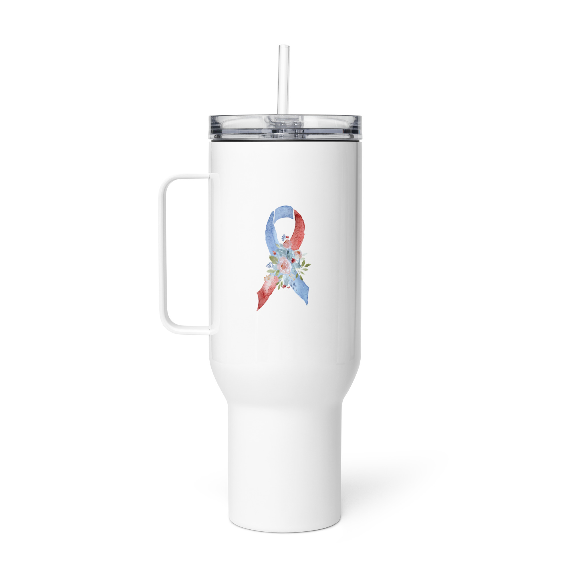 Pastel Floral Red & Blue Awareness Ribbon Travel Mug With A Handle - Image 6