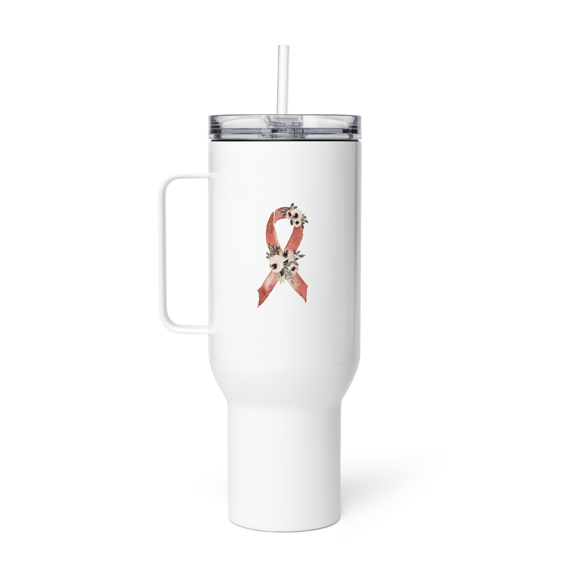Pastel Floral Burgundy Awareness Ribbon Travel Mug With A Handle - Image 6