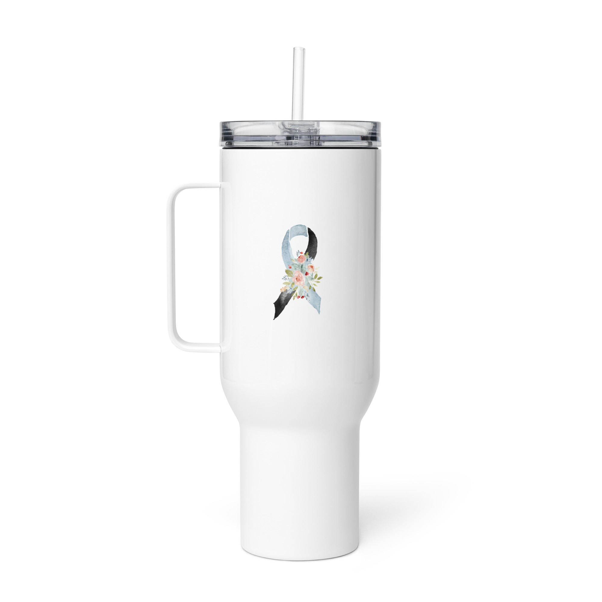 Pastel Floral Light Blue & Black Awareness Ribbon Travel Mug With A Handle - Image 6